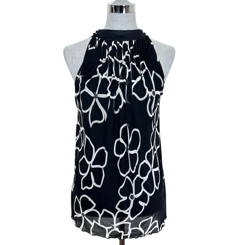 Saks 5th Ave Black and White Floral Halter tunic with mesh overlay